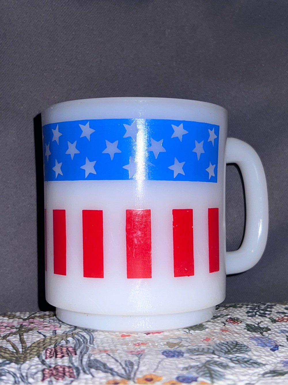 White Ceramic Mug with Red Stripes and Blue Star Band